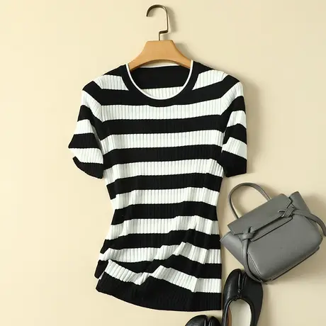 冰丝针织衫短袖t恤女2023夏季新款圆领修身显瘦薄款打底衫女上衣商品大图