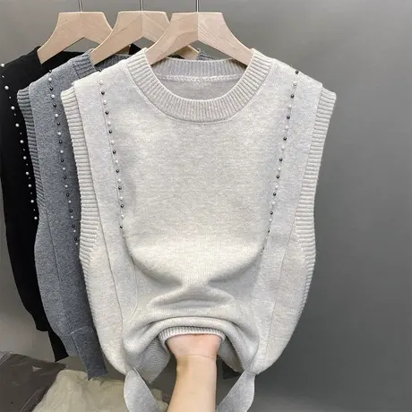 2023秋冬新款背心女设计感小众针织圆领马甲百搭无袖毛衣钉珠上衣商品大图