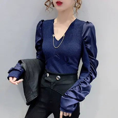 2023春秋新款性感V领T恤女长袖时尚泡泡袖上衣洋气百搭打底小衫潮图片