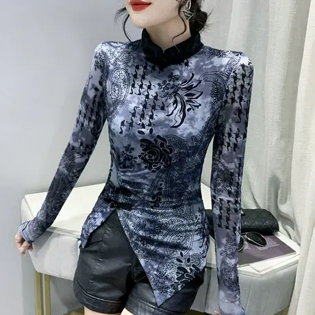 复古印花盘扣上衣不规则开叉长袖T恤洋气百搭加绒打底衫女春秋潮商品大图