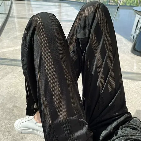 开叉阔腿裤女冰丝夏季超薄高腰直筒宽松设计感镂空休闲防晒拖地裤商品大图