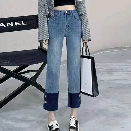 撞色直筒裤牛仔女高腰修身显瘦2023春季新款休闲百搭双排扣烟管裤图片