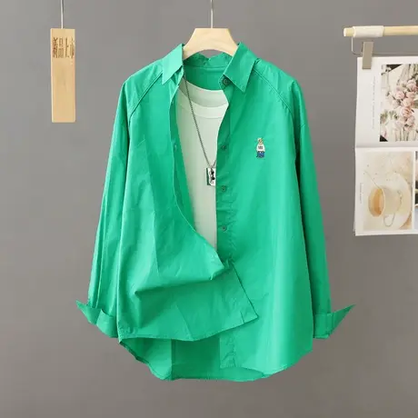 绿色休闲衬衫女长袖春秋季2023新款休闲衬衣外套宽松韩版外搭上衣图片