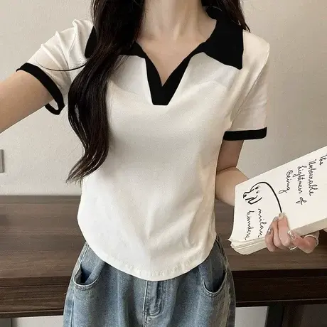 撞色polo领短袖正肩t恤女夏季2023新款设计感v领显瘦辣妹短款上衣商品大图