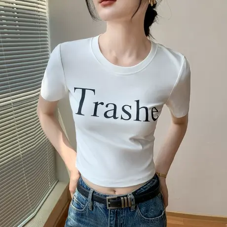 字母短袖t恤女2023夏季新款修身显瘦百搭打底衫半袖短款体恤上衣商品大图