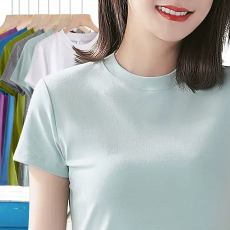 浅蓝色半高领t恤女夏季短袖修身显瘦内搭体恤百搭减龄外穿上衣潮图片
