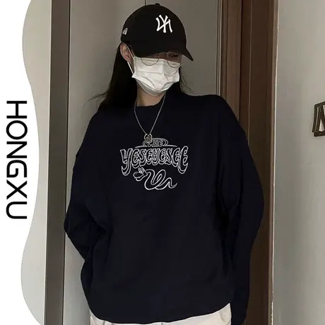 红续冬季美式复古圆领卫衣女oversize小众印花套头保暖上衣长袖图片