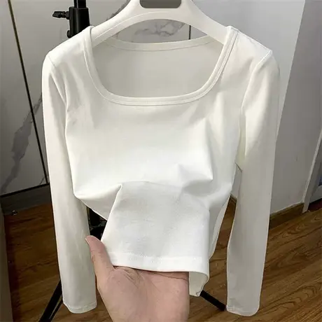 修身白色内搭方领长袖打底衫女显瘦T恤秋冬辣妹短款高级感上衣ins商品大图