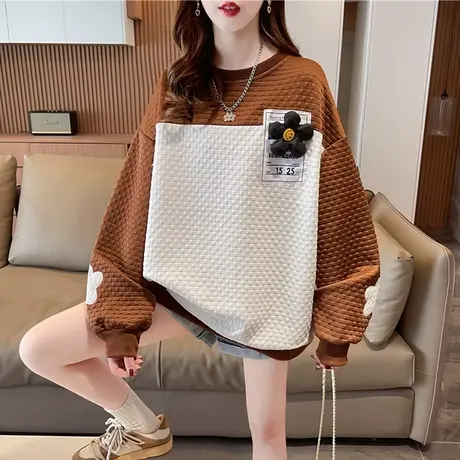 华夫格卫衣女春秋韩版宽松设计感小众小个子薄款拼色百搭上衣外套商品大图