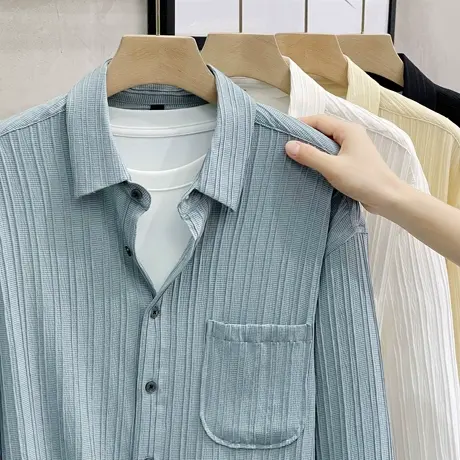 肌理感衬衫男短袖慵懒风暗条纹衬衣男秋季痞帅设计感小众休闲寸衫商品大图