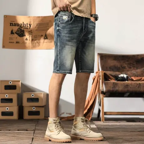 夏季薄款宽松潮流五分裤时尚微弹中裤男士百搭复古牛仔短裤弹力商品大图