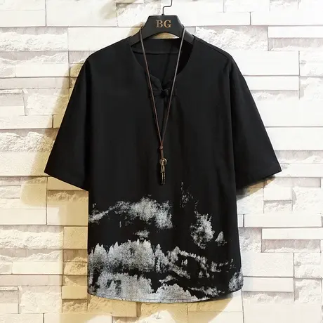 夏季中国风棉麻短袖T恤男宽松复古山水禅意半袖体恤国潮亚麻上衣商品大图