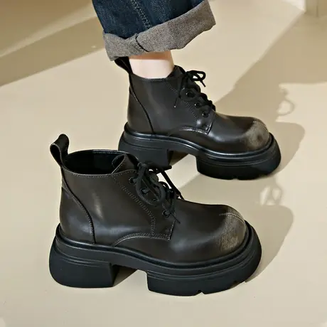 2023年早秋新款百搭复古英伦风系带马丁靴短靴舒适圆头厚底机车靴商品大图