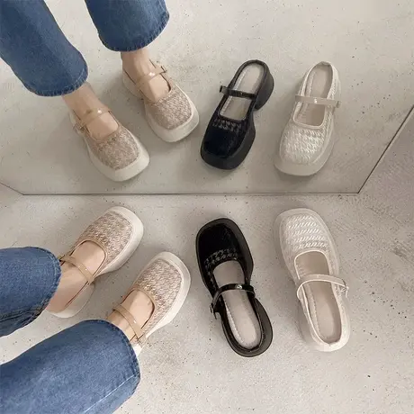 包头半拖鞋女外穿2023年新款夏季网纱透气小众厚底懒人法式凉拖鞋商品大图