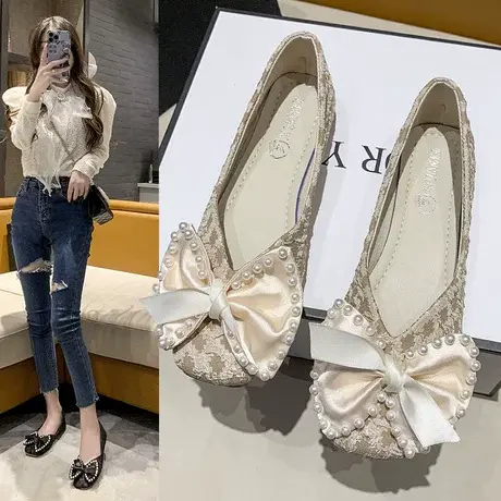 蝴蝶结单鞋女春秋2023新款法式温柔晚晚鞋平底浅口豆豆鞋妈妈鞋商品大图