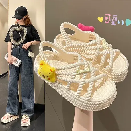 凉拖鞋女夏甜美可爱小熊露趾平底外穿海边沙滩漂流防滑时尚凉鞋商品大图