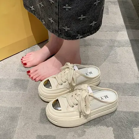 休闲风厚底松糕透气半拖鞋女2023夏季新款韩版学生时尚懒人小白鞋图片