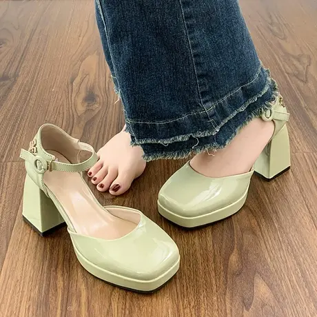 法式漆皮方头防水台玛丽珍高跟鞋2023新款百搭一字带中空粗跟单鞋商品大图