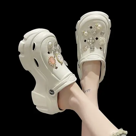 超厚底高跟洞洞鞋女款外穿时尚珍珠防滑两穿包头沙滩凉鞋夏季拖鞋商品大图