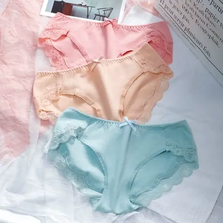 女士内裤女纯全棉质舒适夏季薄款透气三角裤中腰蕾丝日系少女短裤商品大图
