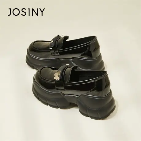 Josiny/卓诗尼黑色粗跟小皮鞋女2024春季新款超火乐福鞋增高单鞋商品大图