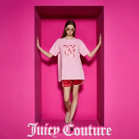 Juicy Couture橘滋2023新款甜美系珠光粉彩印花阔版女T恤商品大图