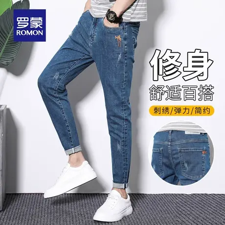罗蒙男士牛仔裤夏季薄款修身小脚弹力潮牌青年休闲弹力9九分裤子商品大图