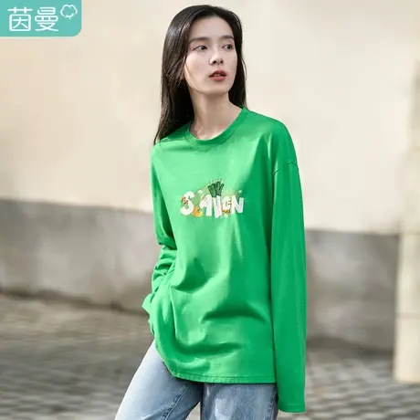 茵曼2023春女装新款趣味印花圆领设计宽松微落肩纯棉长袖上衣T恤图片