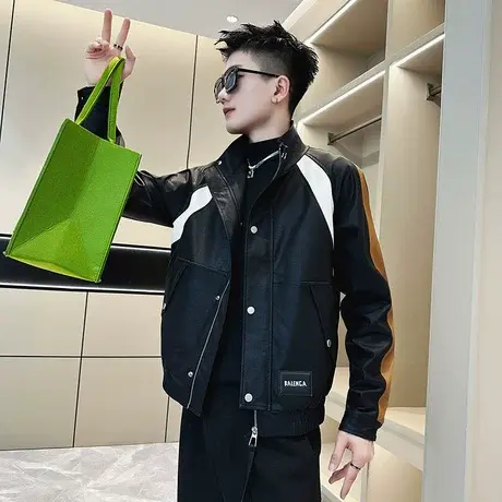 秋季新款撞色机车服骑行皮衣外套潮流痞帅爆款时尚皮夹克工装上衣商品大图