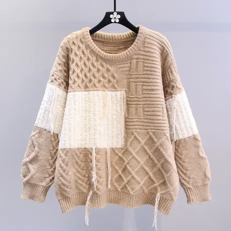 复古撞色流苏毛衣女秋冬2023新款韩版宽松慵懒风加厚软糯针织上衣图片