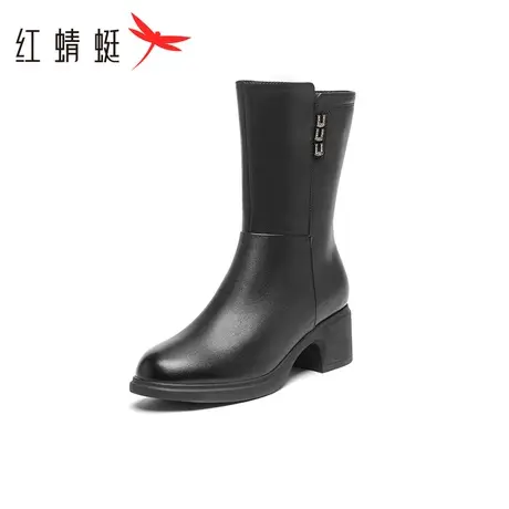 红蜻蜓女靴2023秋冬新款真皮不过膝中筒靴女士中跟百搭保暖加绒靴图片