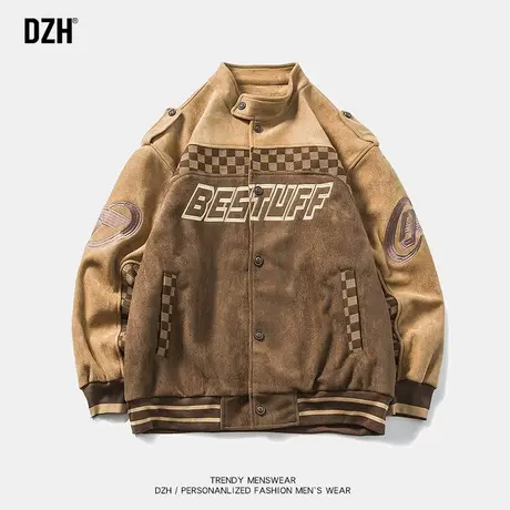 男生咖色棋盘格麂皮绒夹克男秋季宽松立领上衣服潮牌百搭休闲外套商品大图