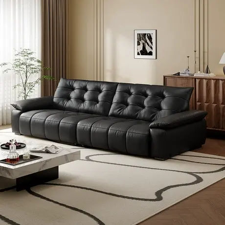 全友家居2024新款现代简约客厅直排一字型大黑牛真皮沙发商品大图