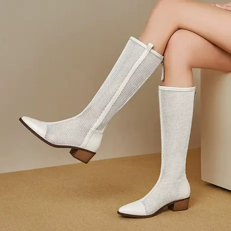 夏季新款真皮长靴女中粗跟欧美时尚尖头网靴里外真皮气质高筒凉靴商品大图