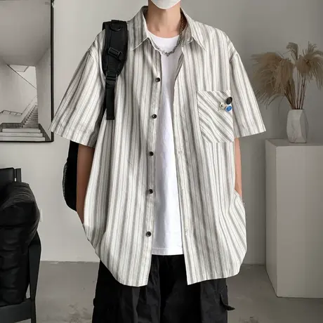 短袖衬衫男夏季2025新款宽松条纹休闲男装上衣服ins港风大码衬衣商品大图