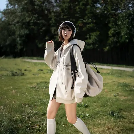 YEP复古蝴蝶印花连帽卫衣女春季2025年新款美式帽衫宽松开衫外套图片