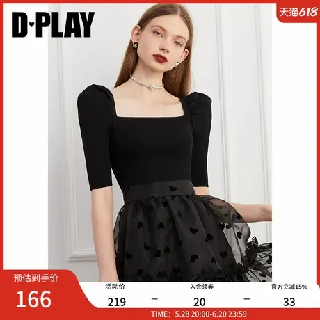 DPLAY2025年夏季新款黑色针织衫女气质法式时尚方领泡泡短袖上衣商品大图