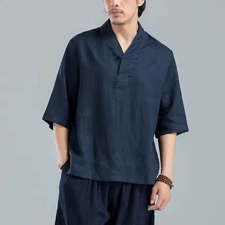 纯亚麻短袖休闲衬衫男2025夏季新款禅修服中国风盘扣男士上衣外套图片