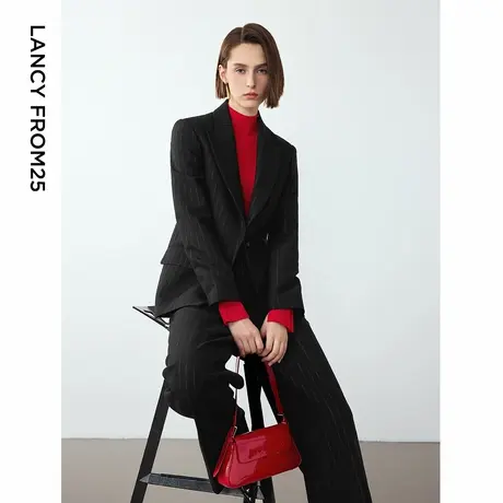 朗姿羊毛高级感设计感复古气质黑色西装外套2024年冬季新款西服女图片