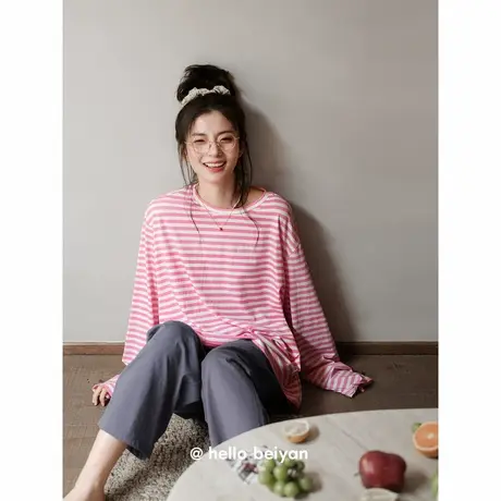 贝妍新款睡衣女春秋柔软莫代尔棉长袖家居服时尚撞色显瘦条纹套装商品大图