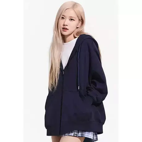 vintage欧货大码连帽卫衣女秋冬加绒bf慵懒风拉链开衫潮牌ins外套商品大图