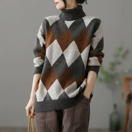 dza 文艺复古菱格高领毛衣女士短款休闲针织衫冬季内搭宽松打底衫图片