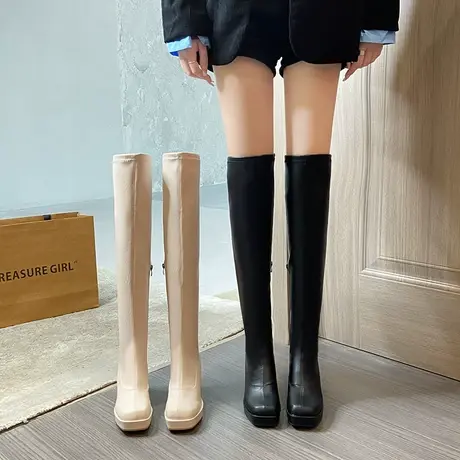 永希方头粗跟过膝长靴女夏季2023年新款高跟防滑瘦瘦靴时髦长筒靴图片