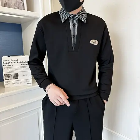 2023个性拼接翻领男士卫衣秋季潮ins小众休闲长袖POLO衫外套上衣商品大图