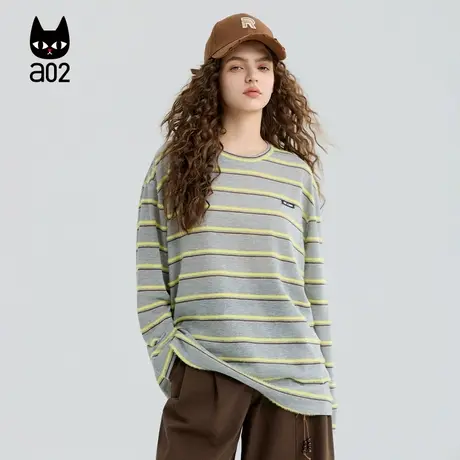 a02宽松圆领条纹长袖T恤女2025新款秋季打底衫通勤穿搭设计感上衣商品大图