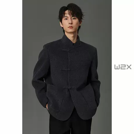 w2x2024冬季新款新中式元素盘扣装饰立领羊毛呢外套男短款上衣潮商品大图
