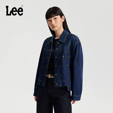 Lee商场同款25秋冬新品舒适版翻领深蓝色女骑士牛仔夹克外套潮流商品大图