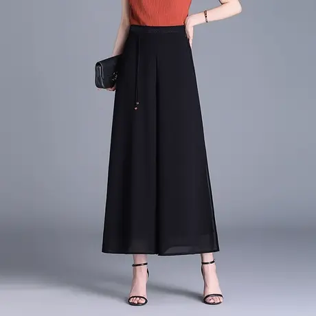 时尚百搭开叉阔腿裤女2025新款春夏季薄款高腰裙裤黑色休闲九分裤图片