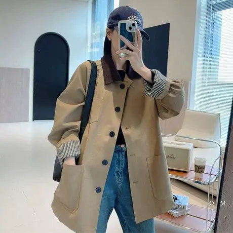 韩系撞色拼接中长款单排扣风衣女2025春秋新款宽松休闲显瘦外套图片