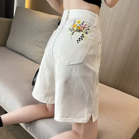 白色刺绣牛仔短裤女高腰直筒中裤夏季2023年新款薄款阔腿五分裤潮商品大图